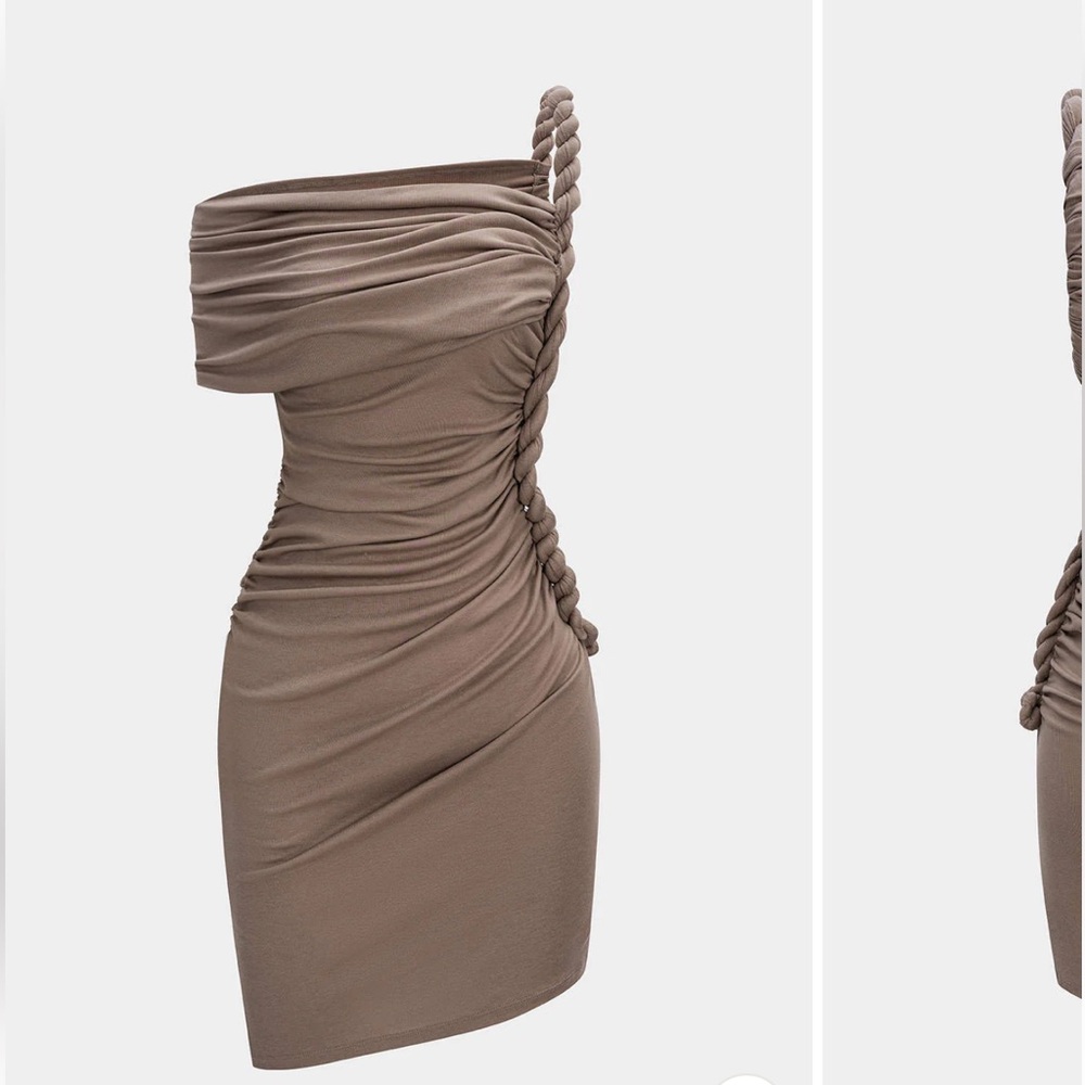 NWOT Micas Ruched Twist Knot One Shoulder Short Sleeve Mini Dress